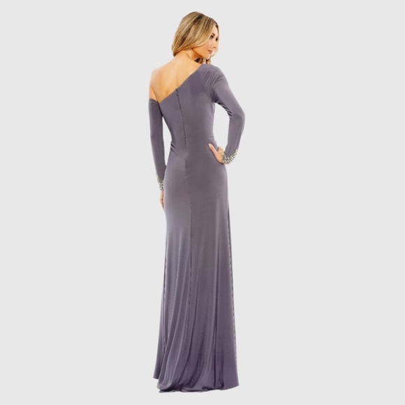 Mac Duggal 12489 NWT Gray Side Twist Drop Shoulder Beaded Cuff Gown - Picture 3 of 7